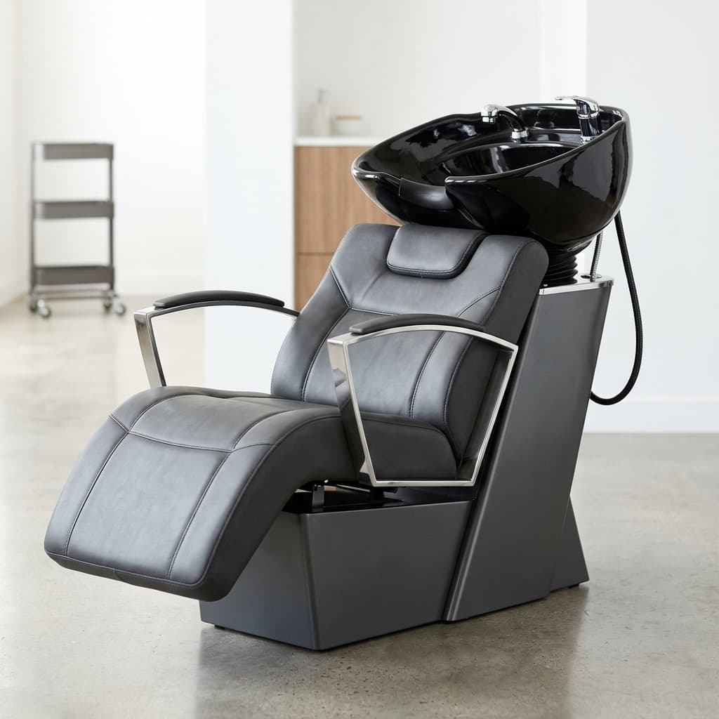 Charcoal Leather Shampoo Backwash Unit with Tilting Ceramic Basin